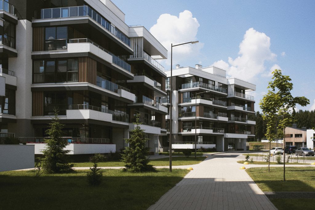 Lake Union Harbor Condo: Modern condominium buildings with balconies along a landscaped walkway in South Lake Union, Seattle, WA